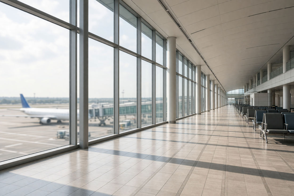 Long airport concourse with large-format porcelain floor tile, aircraft visible through the glass wall