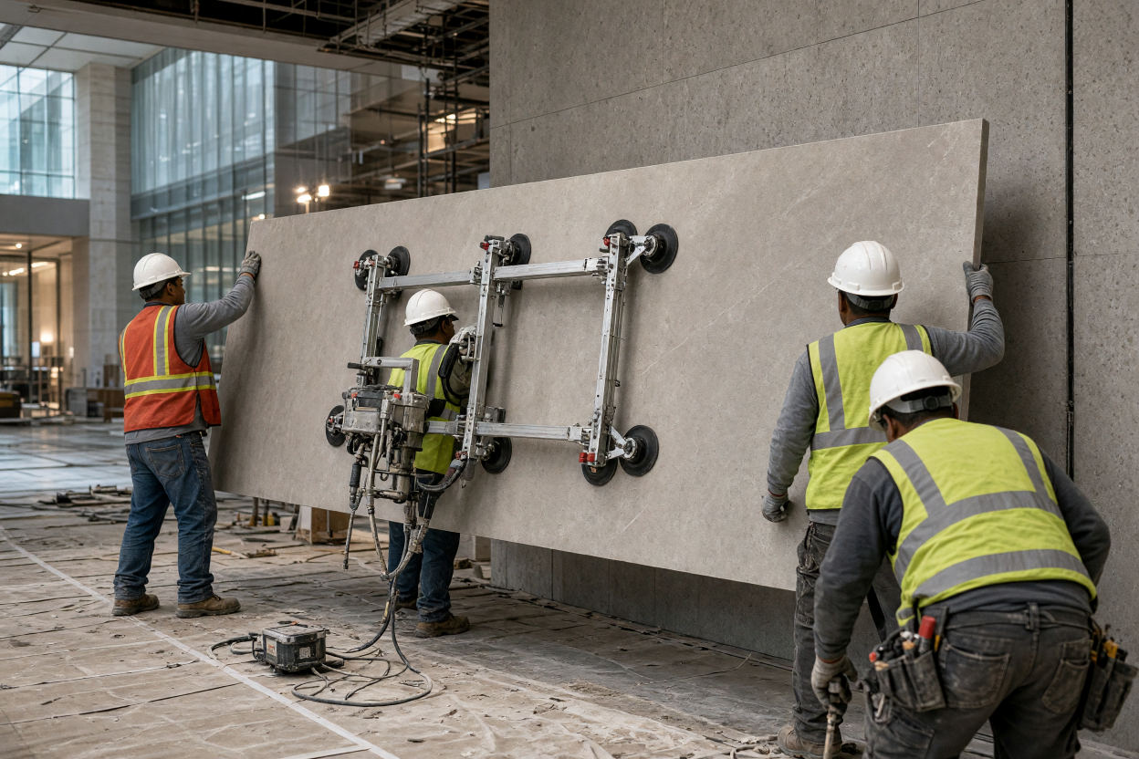 Crew in hard hats and safety vests using a vacuum lift frame to set a gauged porcelain panel on a lobby wall