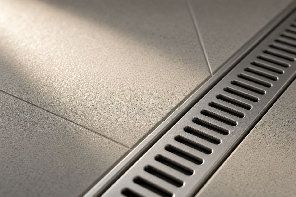 Close view of a finished commercial floor: large-format porcelain tile with tight joints and a linear stainless drain in low light