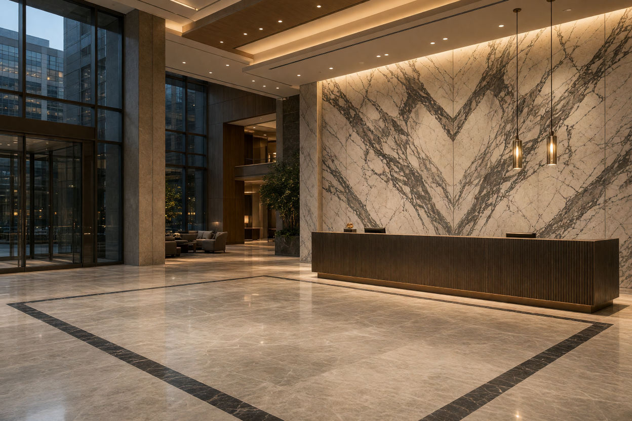Hotel lobby with a book-matched marble feature wall behind the reception desk and a stone floor with a dark inlay band