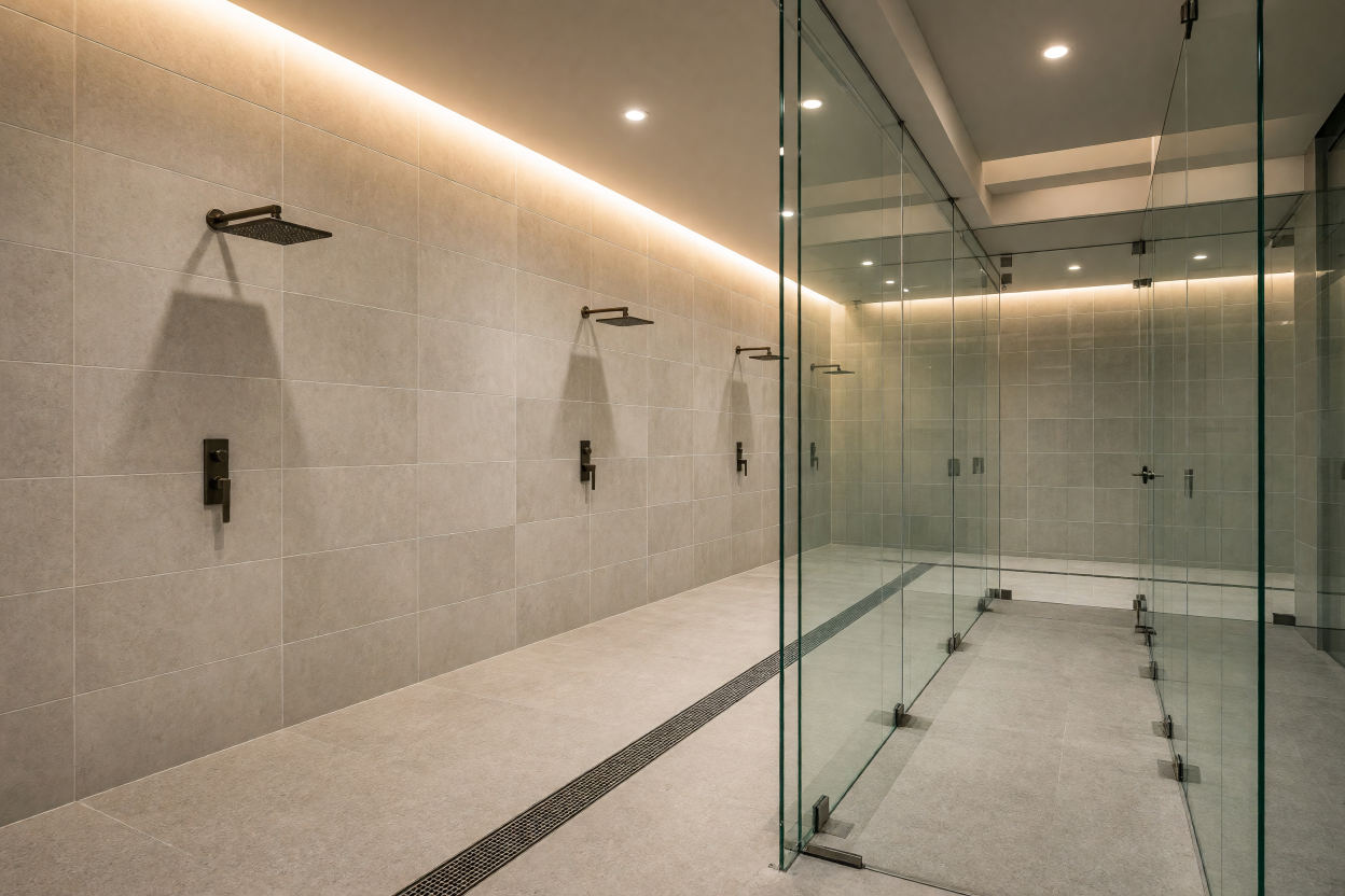 Commercial locker room shower run with large-format porcelain walls and glass partitions